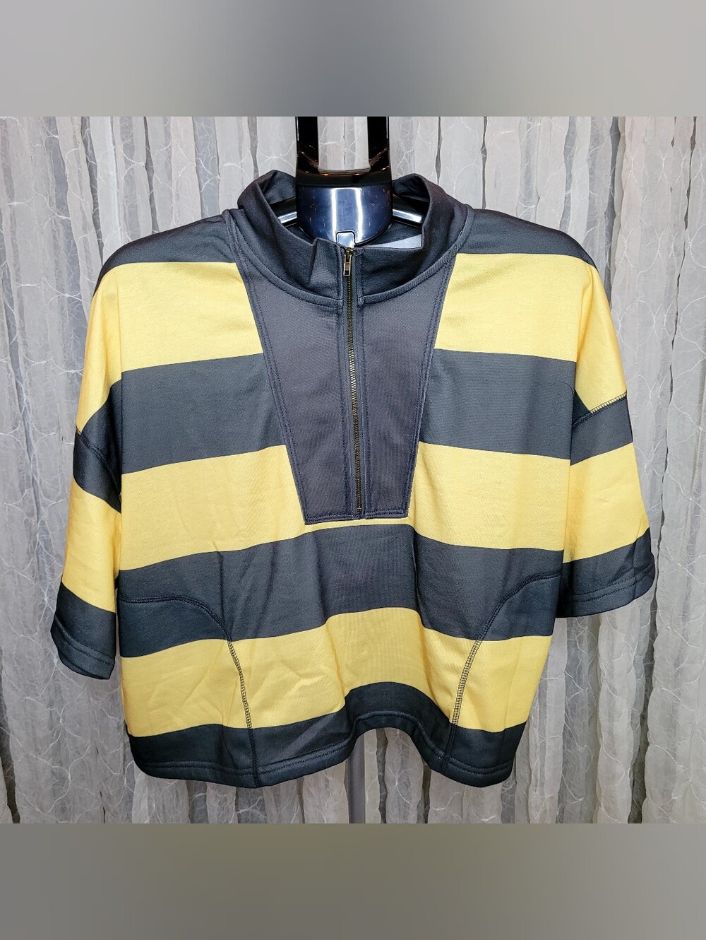 LovLov 2 Piece Set Yellow Grey Rugby Striped Half Zip Shorts Lounge L - Picture 6 of 12
